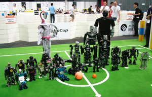 Some of the robots competing in the Humanoid League at RoboCup 2006